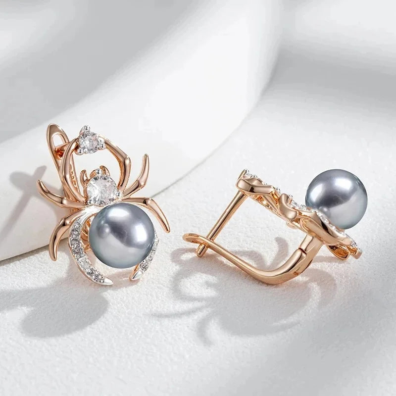 Kinel Hot Gray Pearl Animal jewelry Set for Women Spider Earrings Necklace and Ring 585 Rose Gold Silver Color Mix Retro Jewelry
