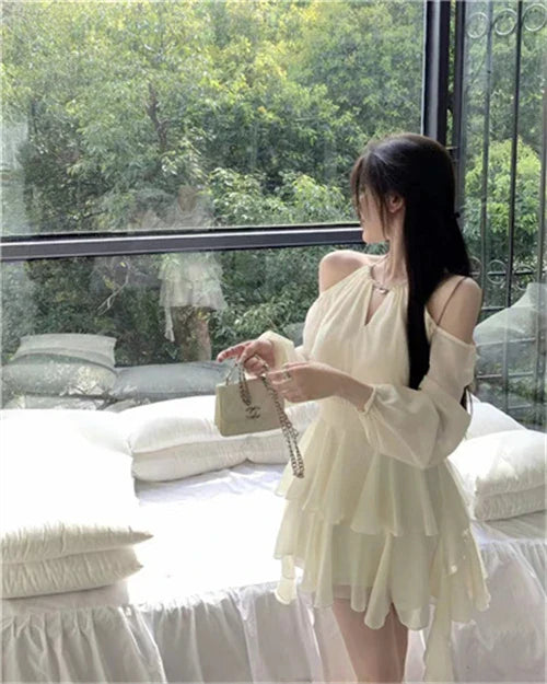 Dresses Women Hollow Out Design Chic Defined Waist Off-shoulder Ruffles Popular Long Sleeve Vestidos Gentle Sweet Spring Summer