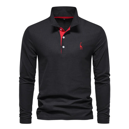 AIOPESON Deer Embroidery Men's Polo Shirts Solid Color Long Sleeve Polo Shirts for Men New Spring Social Business Polos Male