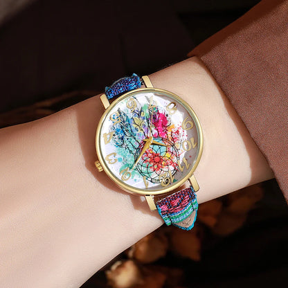 1/2/3/5PCS Fashion Women Watches Vintage Flowers Printed PU Strap Quartz Watch for Women Clock Gift Reloj Mujer（Without Box）