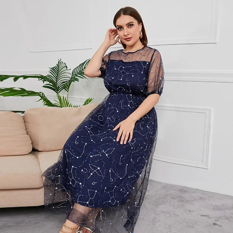 Plus size French Hepburn style oversized dress, evening dress, women's mesh embroidered banquet party long dress