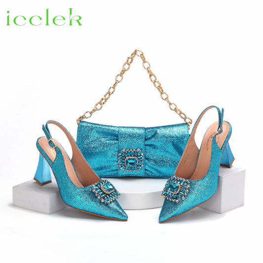 2024 Fashion Newest Arrival T.Blue Pointed Toe Women Sandals Shoes Matching Bag Set For Ladies Wedding Party Pump