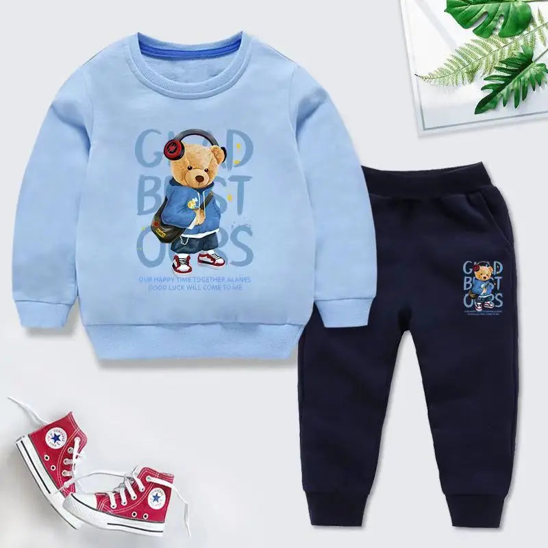 Autumn Children Boy Clothes Set Kid Girls Cute Bear Printed Sweatshirts Pullover Top And Pants 2pcs Suit Baby Fashion Tracksuits