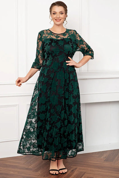 Women Plus Size Dress Mother Of The Bride Green Rose Flocking Mesh Double Layer Tunic Elegant Half Sleeve Evening Maxi Dresses