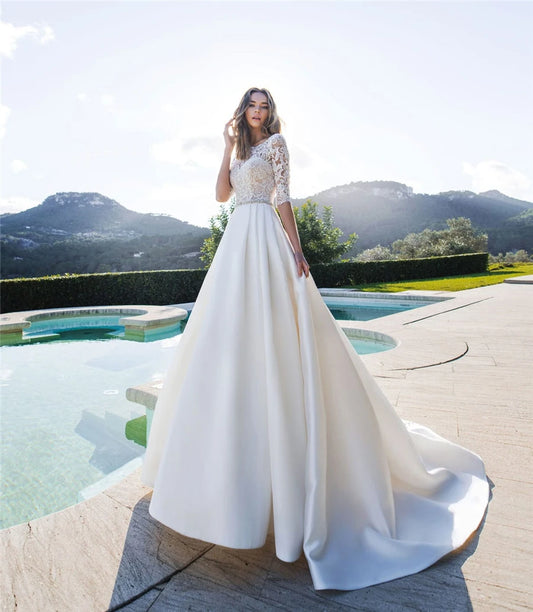 Half Sleeves A-Line Wedding Dresses Modest Satin Bridal Gowns Garden