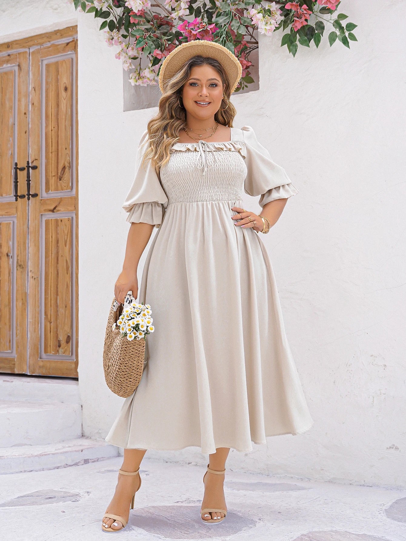 Plus Size Spring Summer Puffy Short Sleeve Dresses Female Elastic Waist Pleated Backless Chiffon Large Size Women Midi Dress