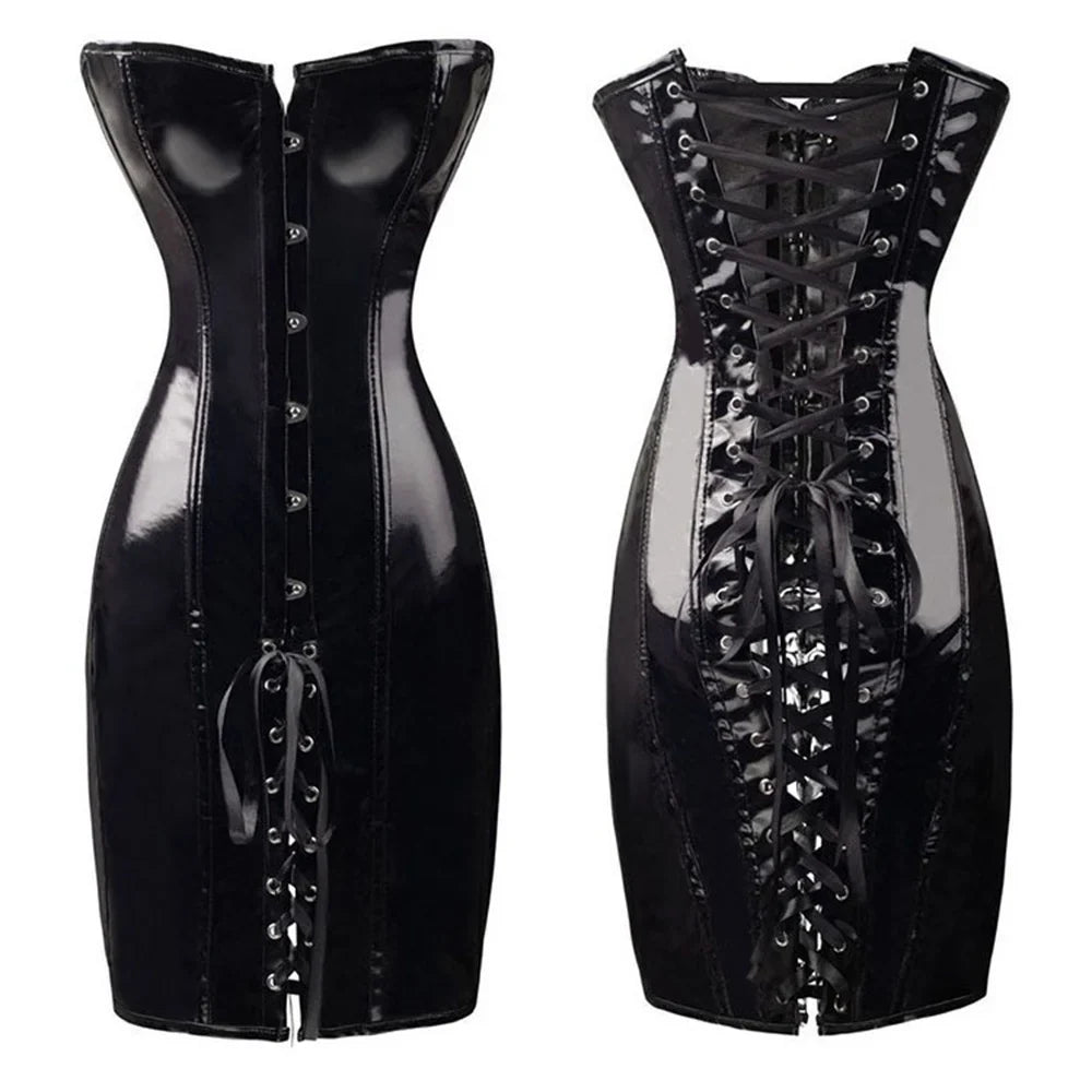 Hot Black/Red Long PVC Leather Corset Dress Sexy Women Gothic Waist Tranier Body Slim Club Vinyl Latex Mini Dress S-2XL