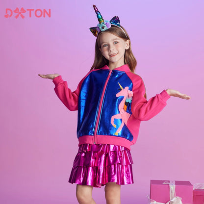 DXTON 2024 Autumn Winter Girls Jackets Unicorn Children Coat Sequin Zipper Cardigan Kids Jackets Cool Girls Outerwear Costumes