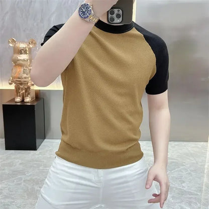Summer Korean Short-sleeved Casual T-shirt Men New Fashion Contrasting Color Slim Rotator Sleeves Breathable Round Neck Knitted