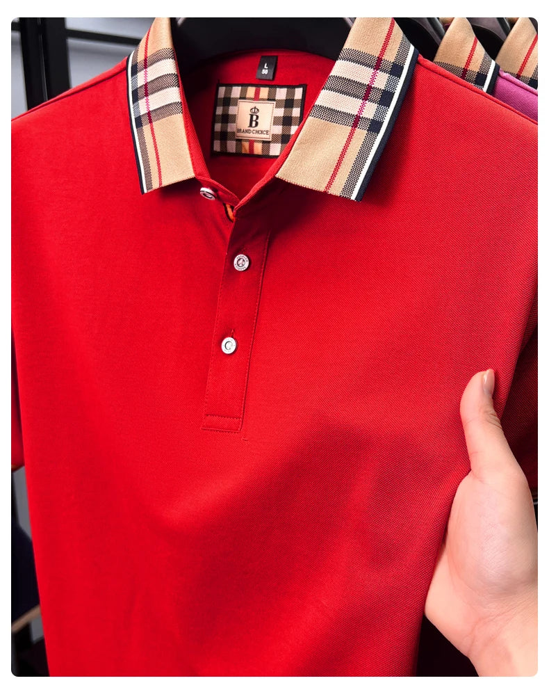 High end silky cotton breathable short sleeve polo shirt men's summer new trend plaid lapel designer brand casual golf T-shirt