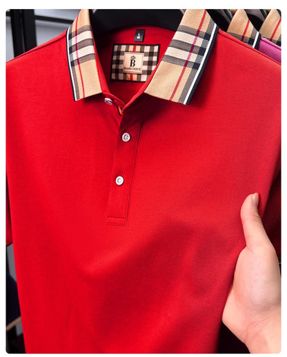 High end silky cotton breathable short sleeve polo shirt men's summer new trend plaid lapel designer brand casual golf T-shirt