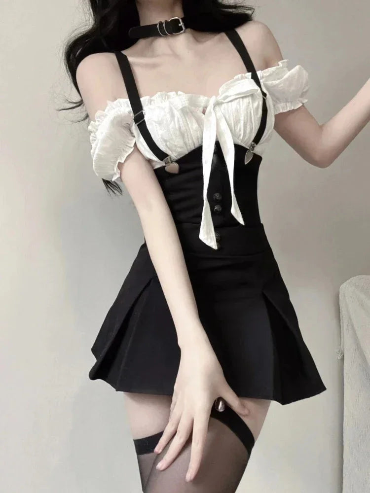 Jielur Chic Y2k Two Piece Dress Sets Female Summer Black Bodycon Dress Crop Top Women Party Korean Fashion Even Mini Dress Suits