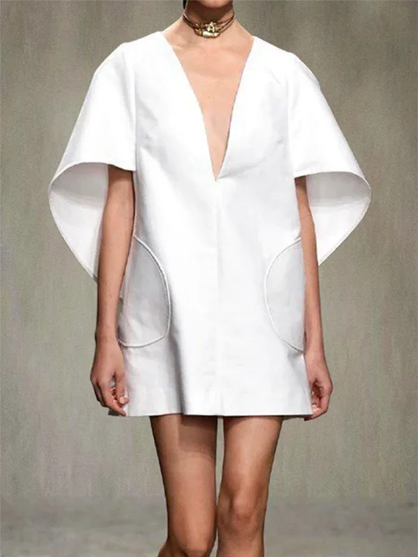 Yeezzi Fashion Black White Color Short Dress For Women 2025 New Spring Deep V-neck Half Sleeves Loose Prom Party Mini Dresses