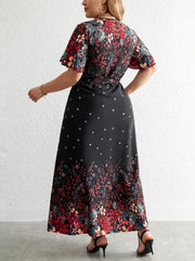 Plus Size Casual Dress Woman Summer V Neck Short Sleeve Floral Print Long Dress Black