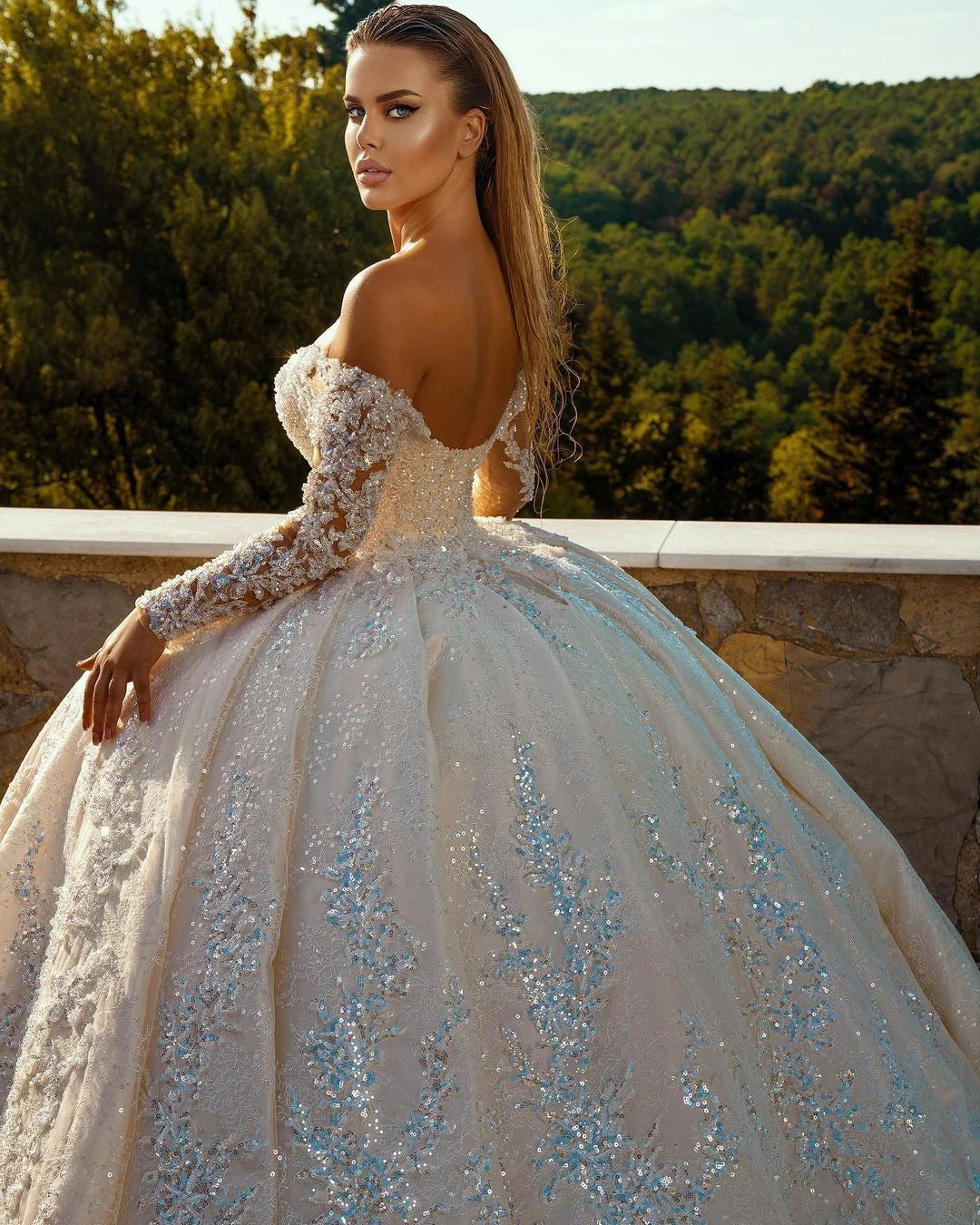 White Bridesmaid Dresses: Off The Shoulder V-Neck Long Sleeve All Over Shiny