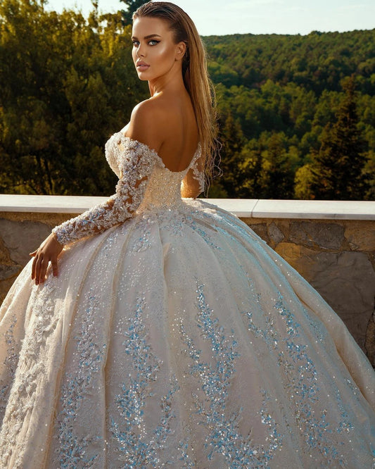 White Bridesmaid Dresses: Off The Shoulder V-Neck Long Sleeve All Over Shiny
