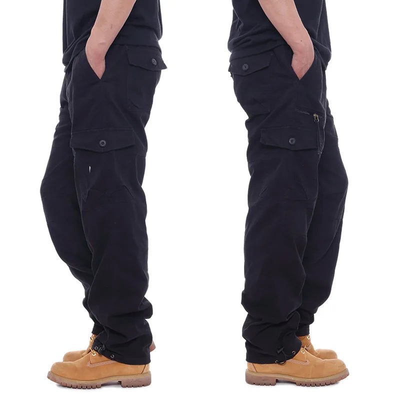 Men's Casual Cargo Pants Zipper Multi-Pocket Tactical Army Straight Loose Trousers