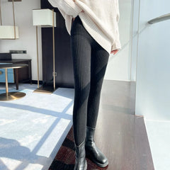 Slim Leggings Autumn Women High Waist Casual Trousers Knitted Ribbed Thicken Solid