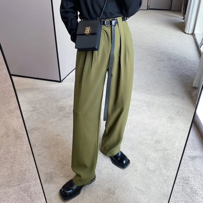 Belt Design Straight Casual Pant Men Fashion Show vintage Long Wide Leg Suit Pants