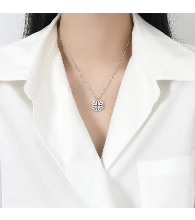 CARLIDANA Transform Luxury Four Leaf Clover Pendant Necklace  Stainless Steel Crystal Gold Color Heart Jewelry for Women Gift