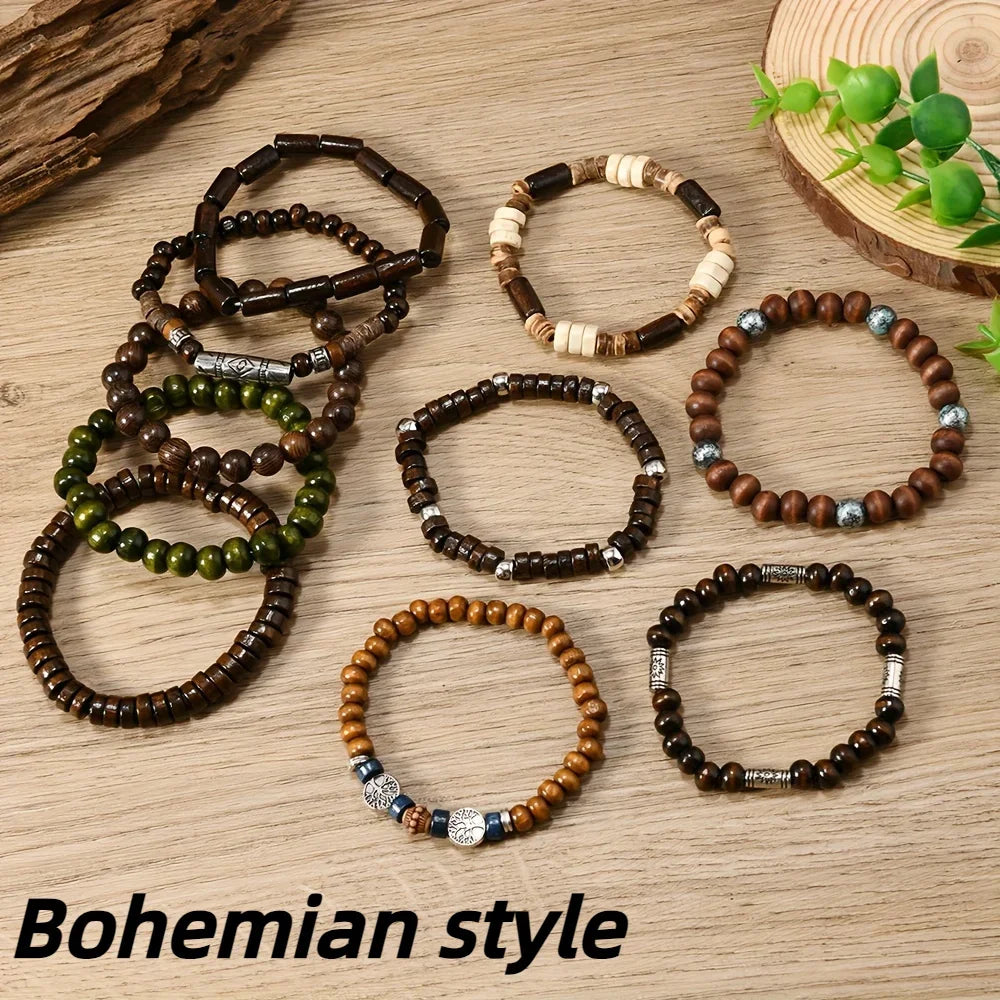 10PCS Bohemia Ethnic Beaded Bracelets For Men Vintage Multi Layer Wooden Beads Life Tree Beaded Bracelets Accessory Gifts Party
