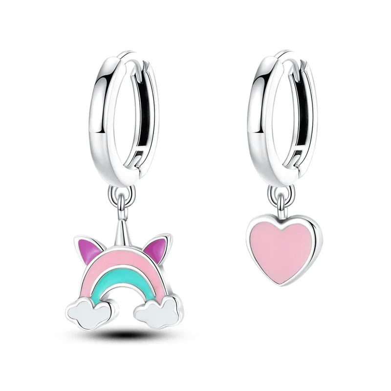 Earrings For Womens 925 Silver Color Pink Rainbow Horse Bear Bee Double Hoop Earrings Fine Engagement Anniversary Jewelry Gifts