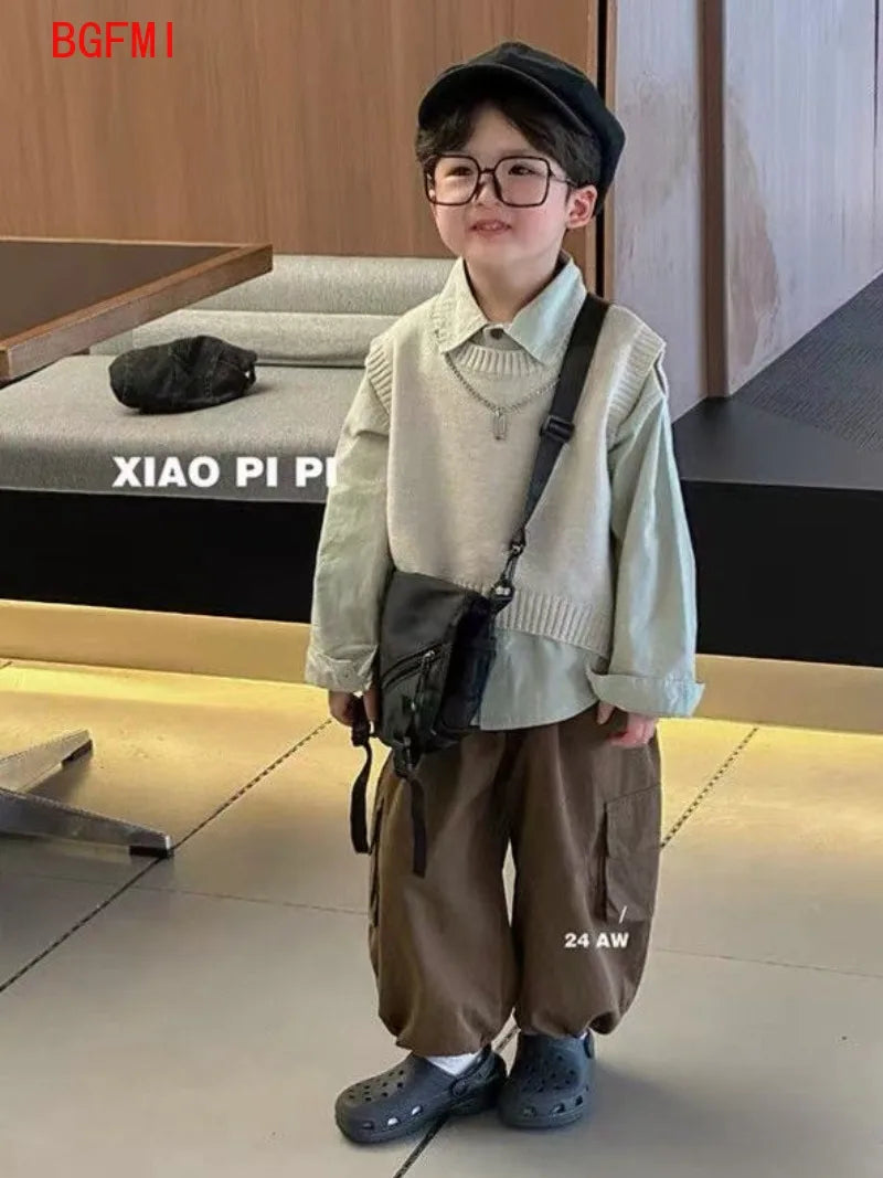 Boys' Black Vest + Shirt+ Casual Pants 3pcs Set Children's Spring Long Sleeved Early Autumn Set Baby Cool and Handsome Clothes