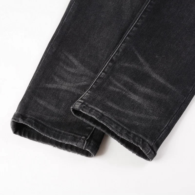Men Cracked Leather Patch Biker Jeans Streetwear Pleated Patchwork Holes Ripped