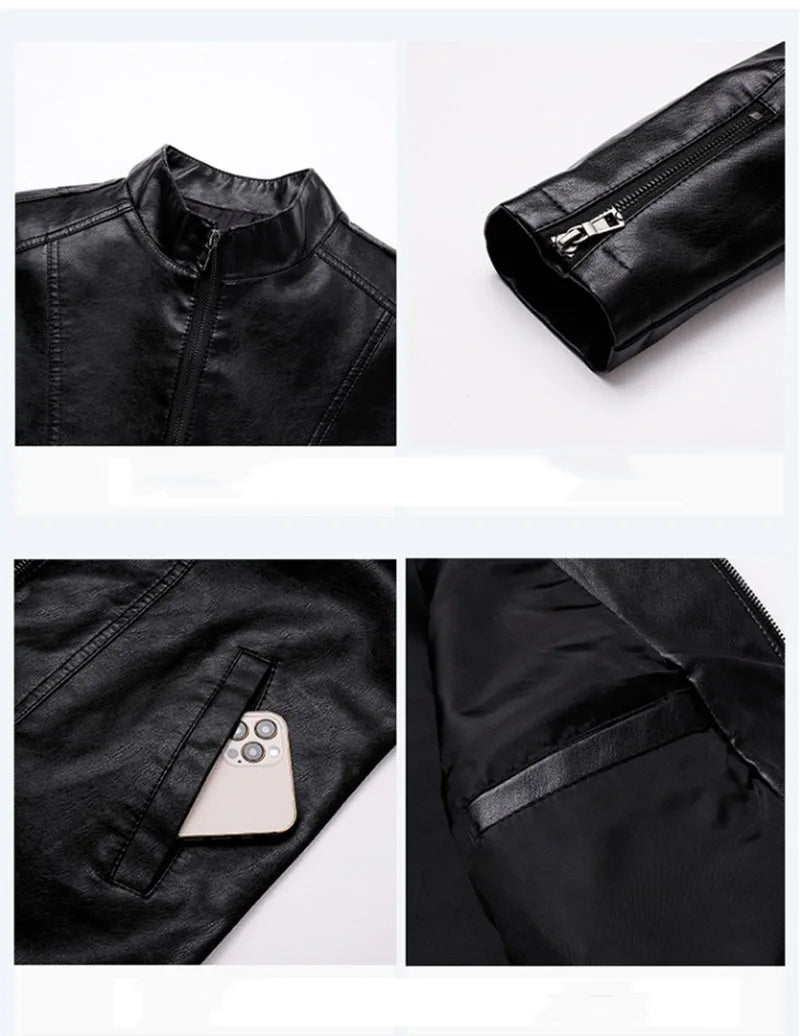Men Leather Coat Vintage Classic Stand Collar Male Faux Leather Jacket