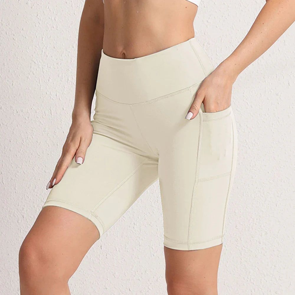 CHRLEISURE Women Yoga Shorts with 3 Pockets Seamless Gym Fitness Tights Elastic Cycling Shorts Female Solid Color Leggings