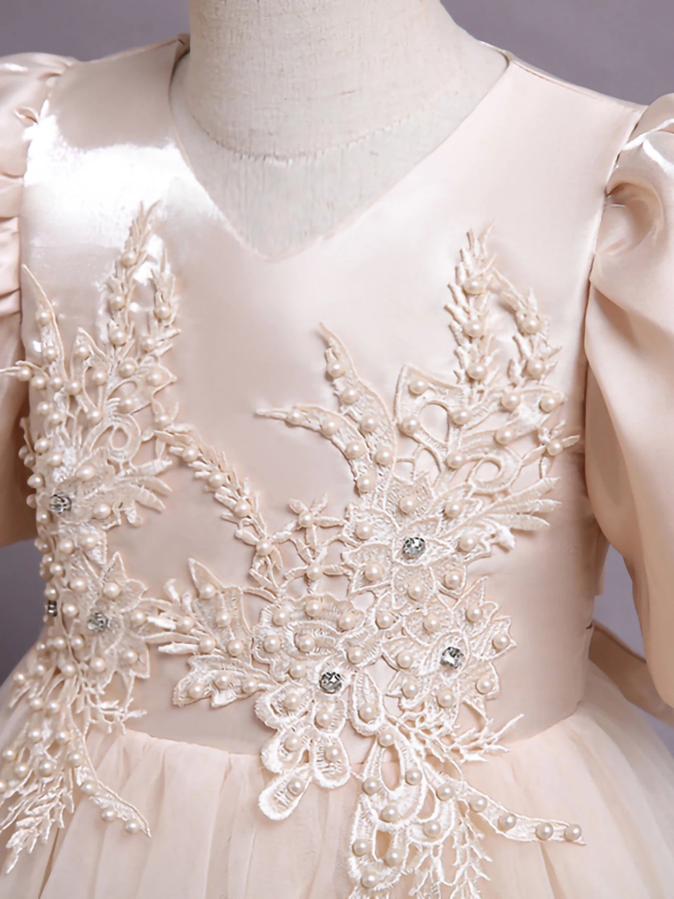Champagne Long V-Neck Beaded Bubble Sleeve Floral Mesh Dress Holiday Party Piano Performance Dress For Girls Ages 3-12