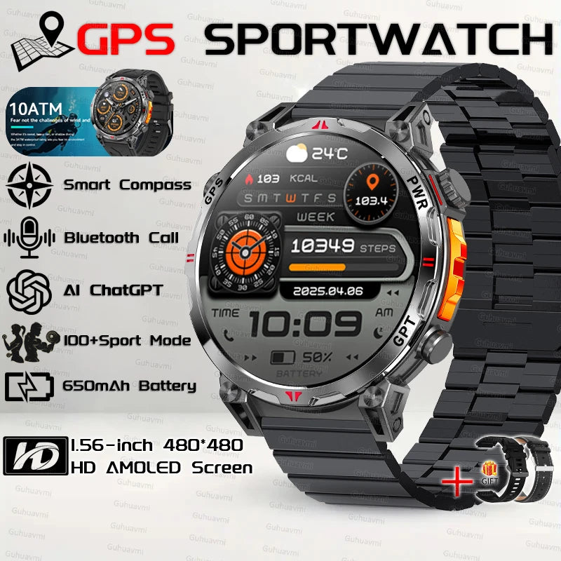 2025New Military GPS Sport Smartwatch Men 650mAh AMOLED Screen Compass Altimeter 10ATM Waterproof Heart Rate Wireless Call Clock