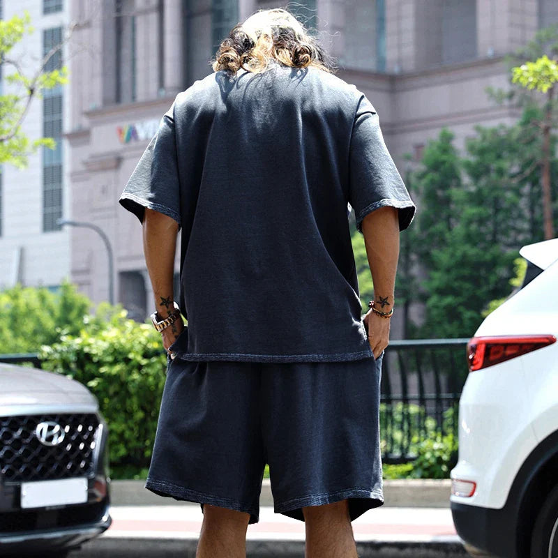 2024 Summer New Men's Set Japanese Style Plus Size Casual Loose Sports Suit Short Sleeve T-shirt Shorts Two-piece Men's Clothing