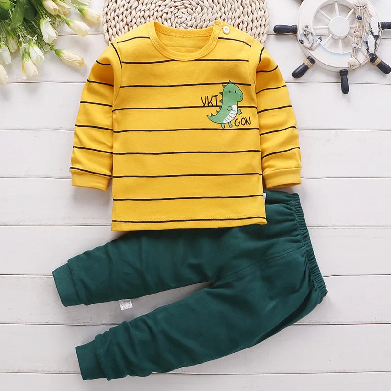 Cotton sports set Male baby spring printed T-shirt+trousers female baby casual solid color set 0-5 year old baby
