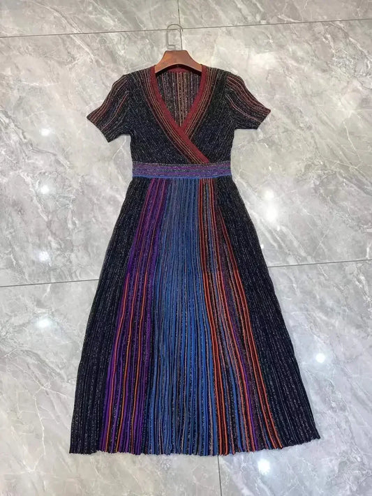 Rainbow Striped Dress V-neck Slim Fit Elegant Fine Gold Thread Maxi Evening Dress