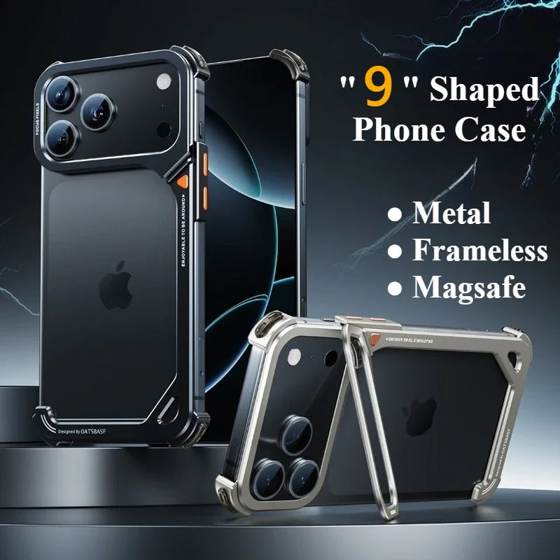 Eary 9-Shaped for iPhone 17 Pro Max 17 Pro Phone Case for Magsafe Wireless Charging With Lens Holder Stand Metal Frameless Shell