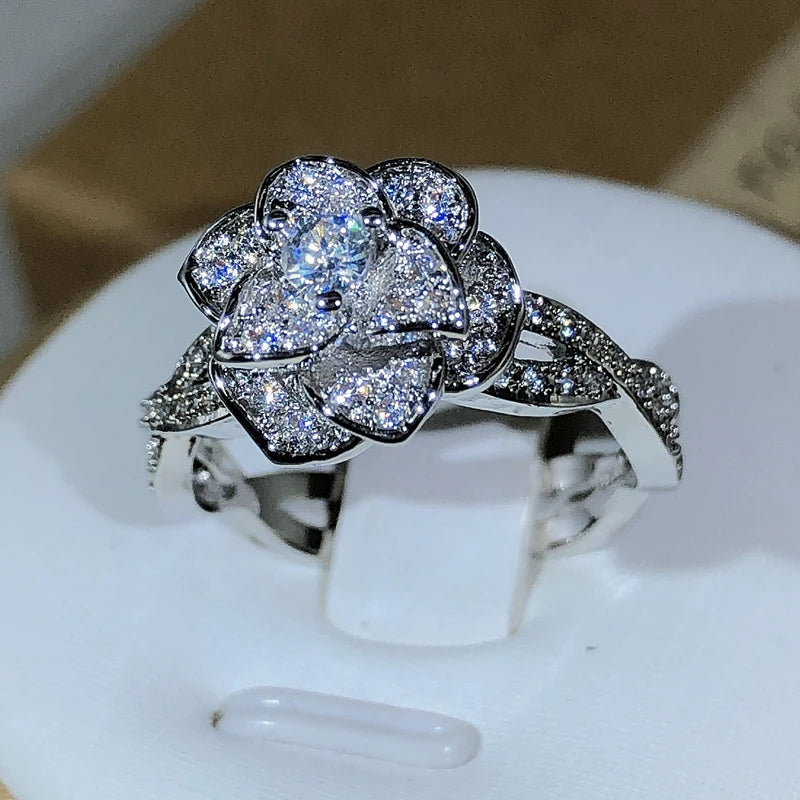 925 Sterling Silver InterTwined Three-Dimensional Rose Ring White Zircon Full Diamond
