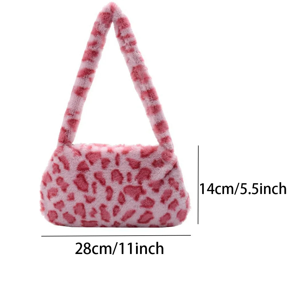 1Pc Fashion Women Cow Print Mini Shoulder Bag Women Winter Plush Armpit Bag