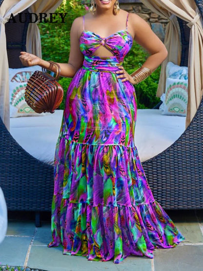 Elegant Sling Plus Size Dress Sexy Printing Fashion Backless Boho Beach Mixi Dress Robe Femme Ete Leisure Vacation Vestidos