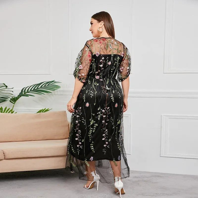French Hepburn style oversized dress, women's mesh embroidered banquet party dress, 200 pounds to wear plus size women clothing