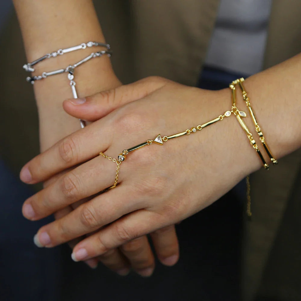2025 New Geometric Marquise Cubic Zirconia CZ Paved Double Wrist Hand Chain Bracelet Simple Fashion Women Finger Slave Jewelry