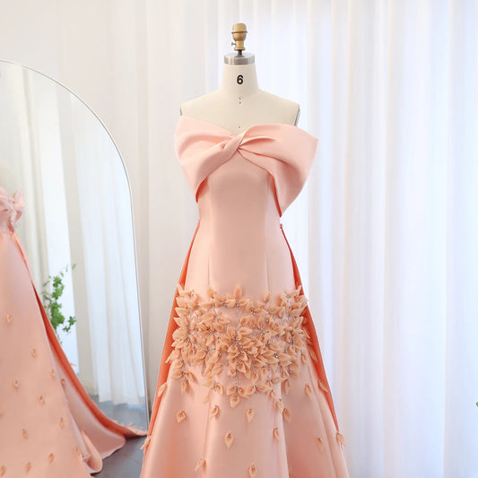 Luxury 3D Flowers Blush Pink Satin Mermaid Evening Dress