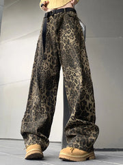 Vintage Leopard Jeans Women Casual Loose High Waist Straight Pants