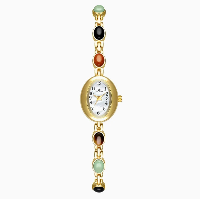 2026 Women quartz Watch Luxury Brand Retro Natural Dongling Stone Hotan Jade Waterproof Ladies Advanced Chain Wristwatches gift