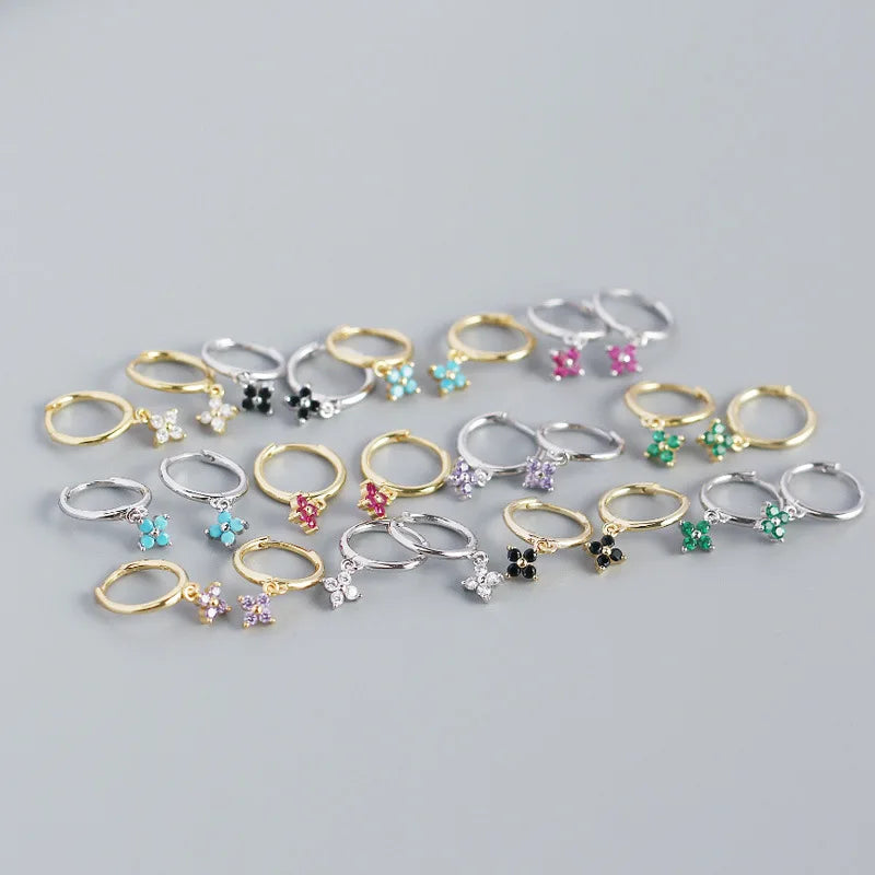 WANTME 925 Sterling Silver Romantic Color Zircon Three-petal Flower Stud Earrings for Women Fashion Huggies Piercing Jewelry