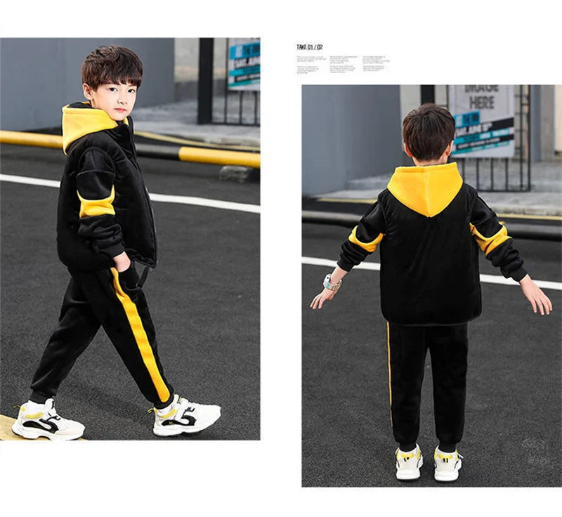 Boys Double-sided Velvet Sets Children Fashion Hooded Suit Kids Autumn Winter Jackets+Pants 2Pcs Outfits Teenager Casual Clothes