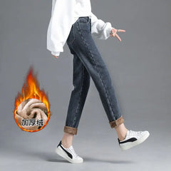 Winter Warm Fleece Jeans Women's High Waist Thick Harlan Straight Denim Pants