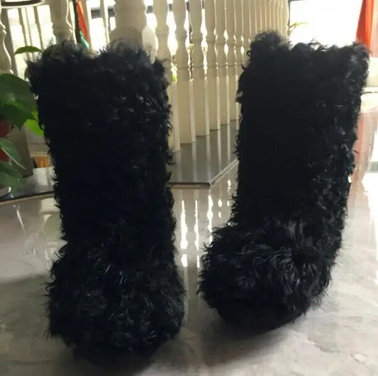 Winter Women Black Brown Wool Fur Round Toe Thick Sole Snow Boots