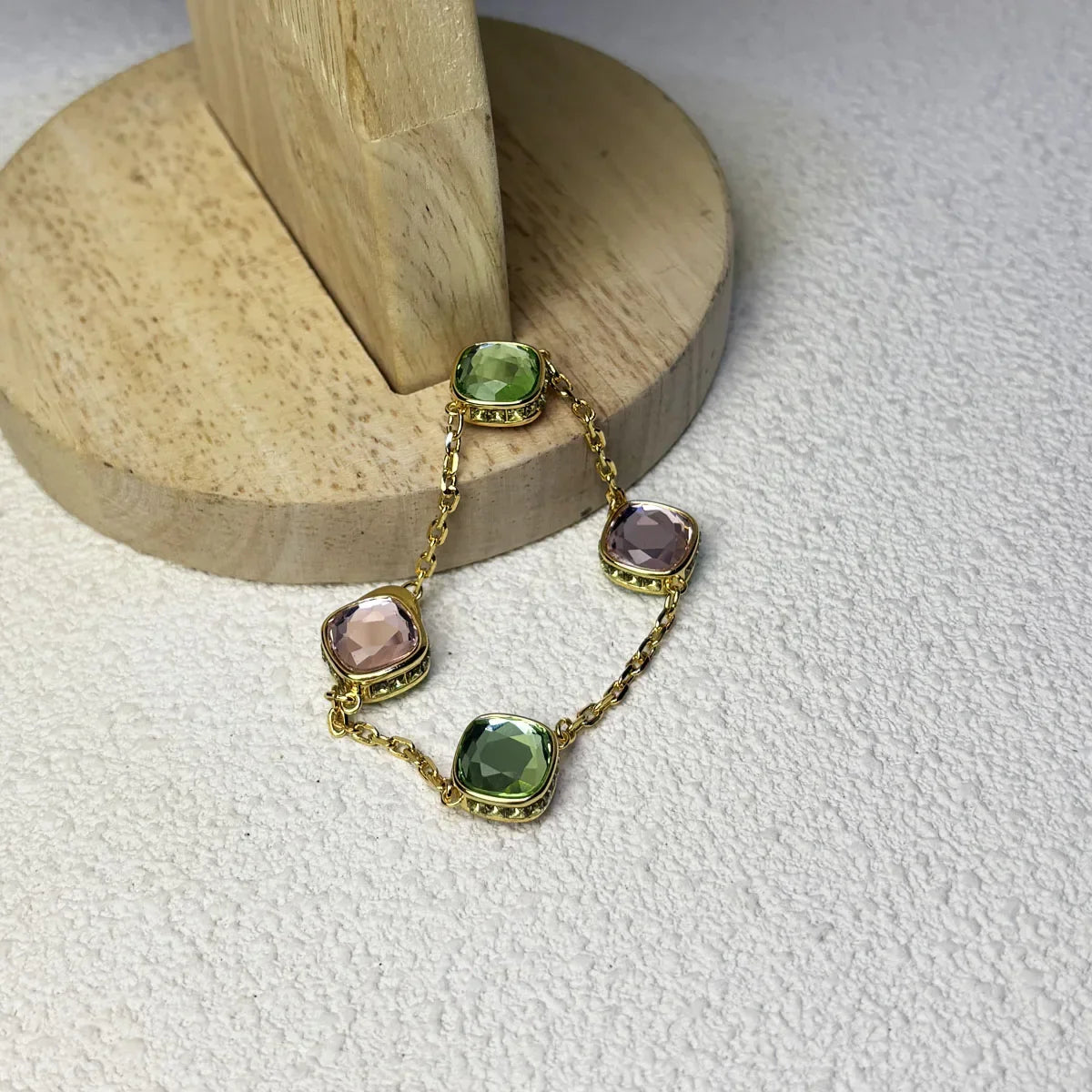 Original 2025 Fine Jewelry Set for Women Green Crystal Pink Crystal Geometric Bracelet Octagonal Cut Crystal Romantic Gift