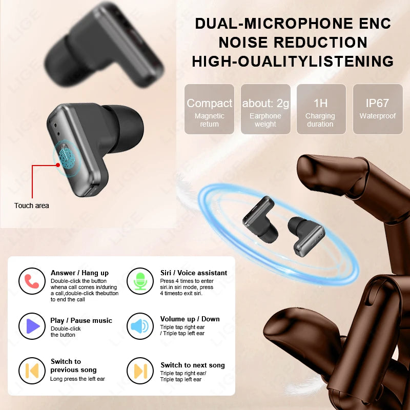 LIGE 2025 New TWS 2-In-1 Headset Smart Watch 1.85" Bluetooth Call Men Earphone Smartwatch Heart Rate Health Monitor Music Watch
